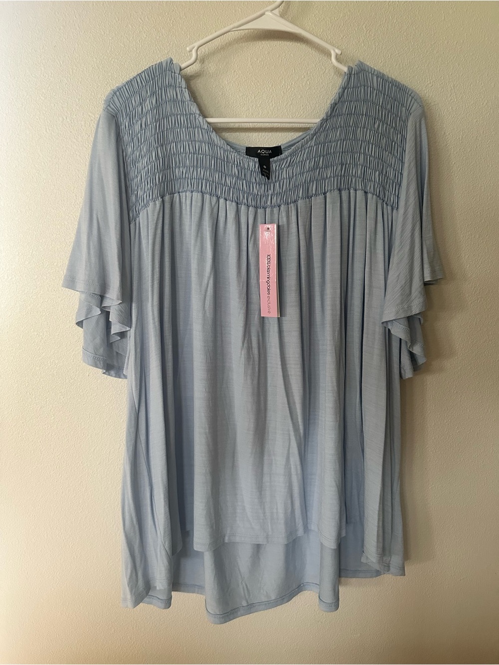 Aqua Curve Light Blue Smocked Yoke Flutter Sleeve Top Women Plus Size 2X NWT